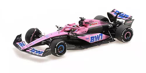 front and side perspective view of BWT Alpine F1 Team A523 - Esteban Ocon – 2023 Minichamps 1:43 Scale Model Car