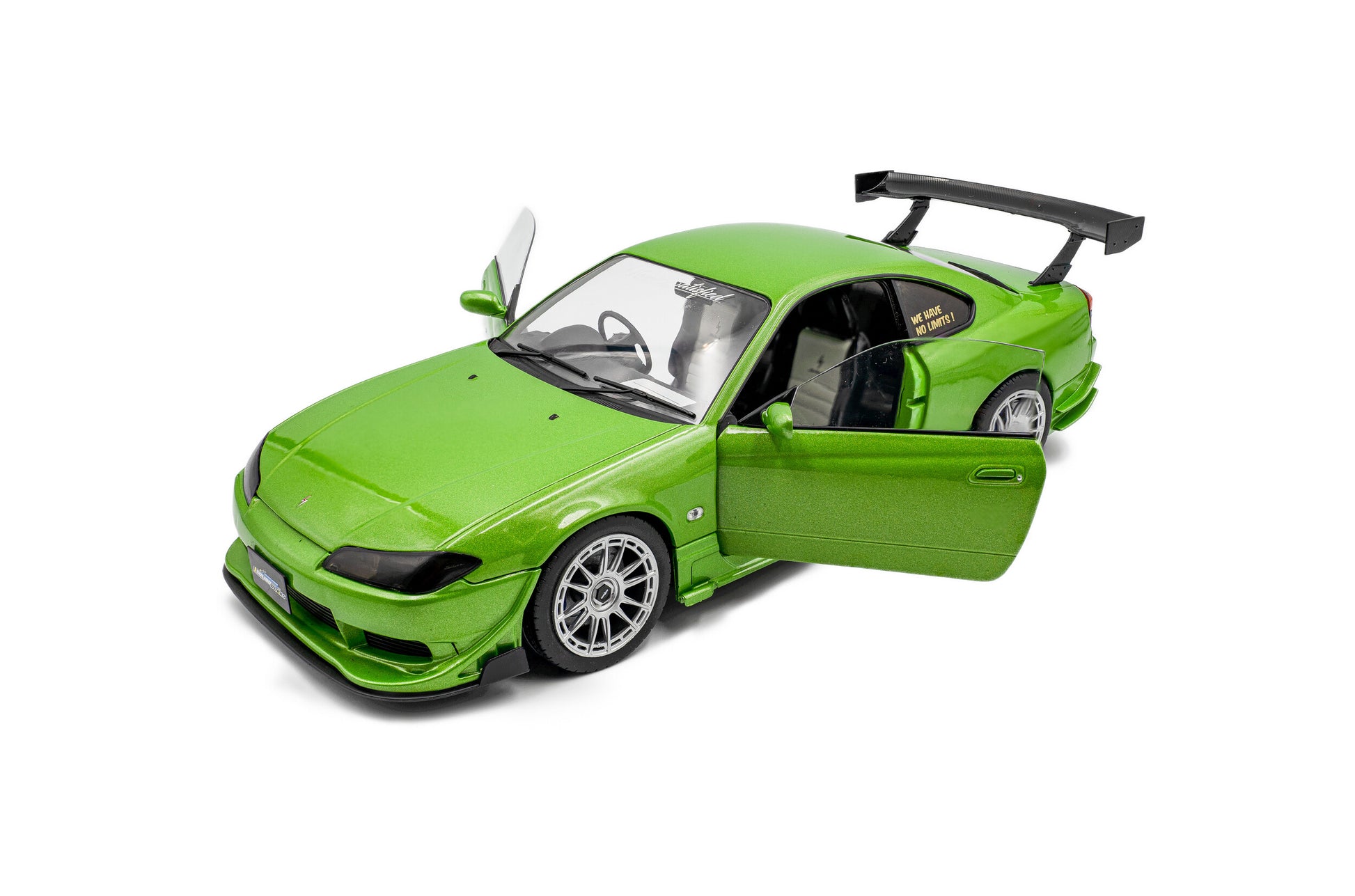 front perspective view with dors open of Nissan Silvia S15 Spec-R Aero Solido Green 1999 1:18 Scale model car - Solido