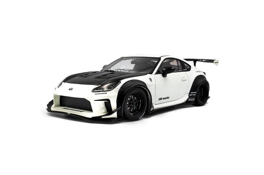 Front perspective view of Toyota GR86 Liberty walk Body Kit Pearl White 2024 1:18 scale model car - Solido