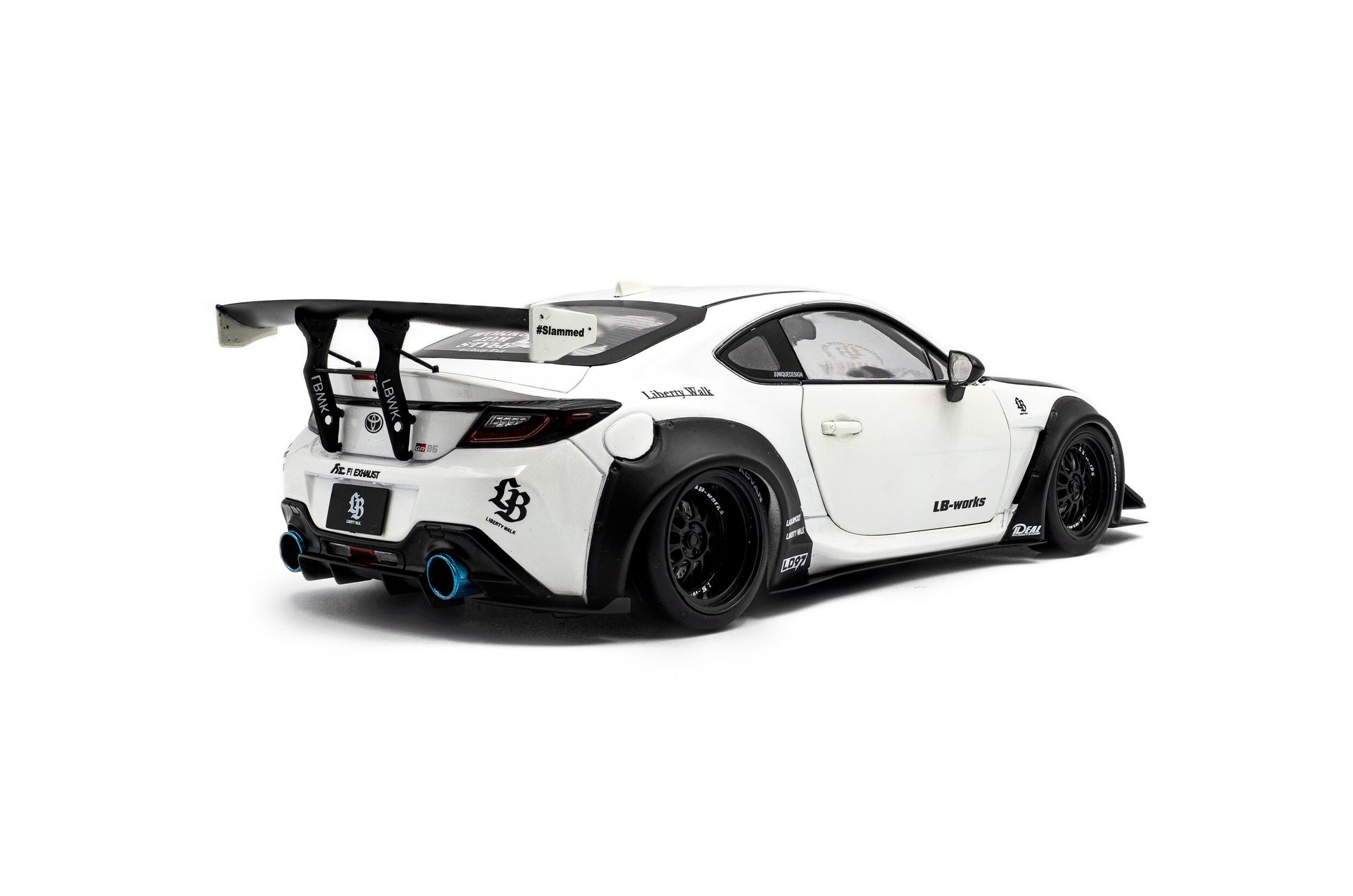 back perspective view of Toyota GR86 Liberty walk Body Kit Pearl White 2024 1:18 scale model car - Solido