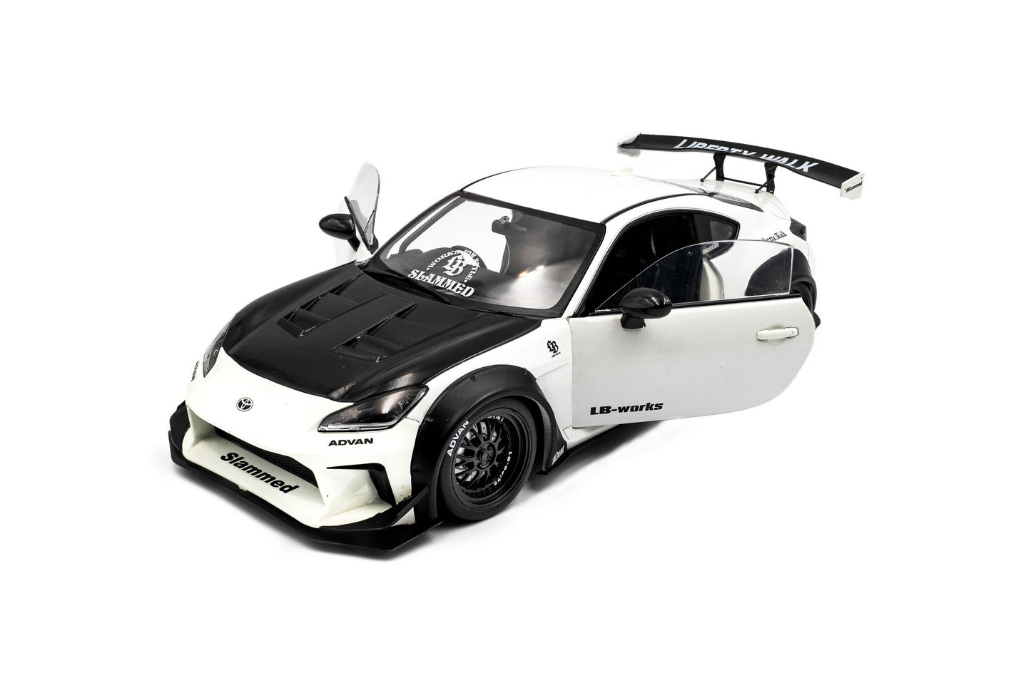 top front perspective view with doors open view of Toyota GR86 Liberty walk Body Kit Pearl White 2024 1:18 scale model car - Solido