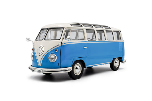 Front perspecive view of Volkswagen T1 Samba Blue / White 1962 1:18 scale model car - Solido