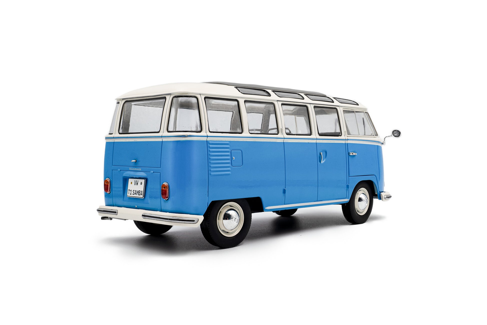 back perspective view of Volkswagen T1 Samba Blue / White 1962 1:18 scale model car - Solido