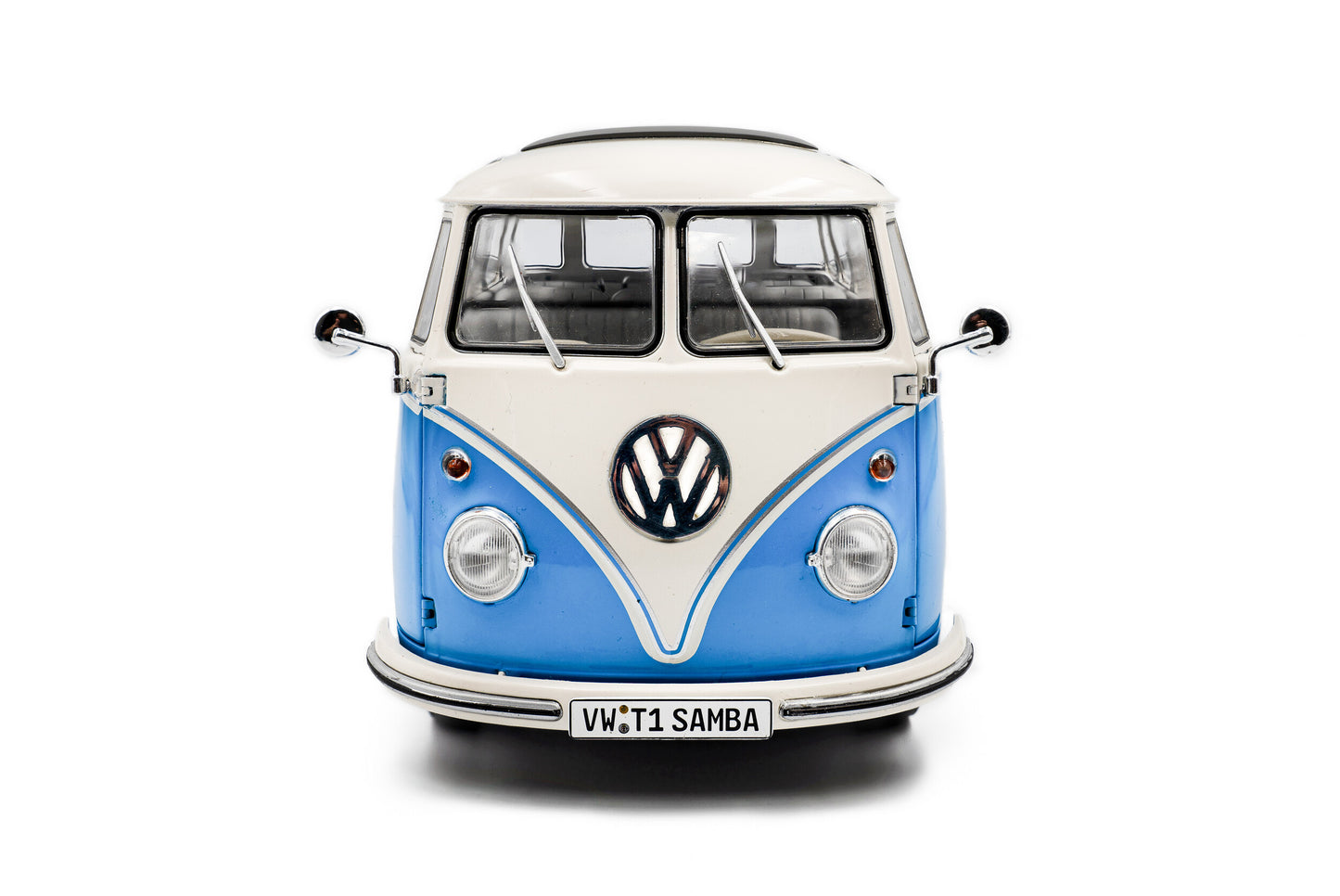 front view of Volkswagen T1 Samba Blue / White 1962 1:18 scale model car - Solido