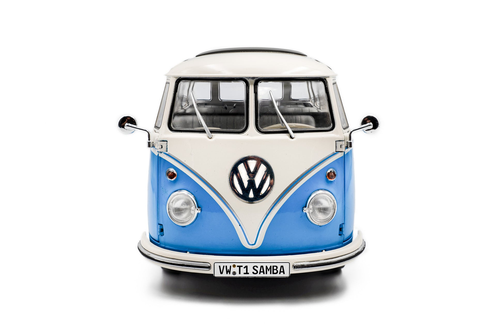 front view of Volkswagen T1 Samba Blue / White 1962 1:18 scale model car - Solido
