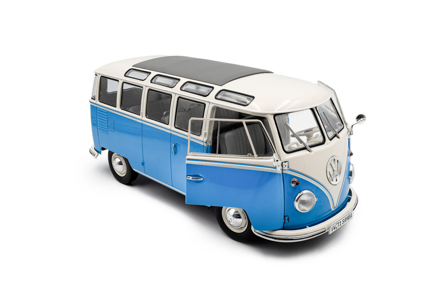 front perspective view with doors open with Volkswagen T1 Samba Blue / White 1962 1:18 scale model car - Solido