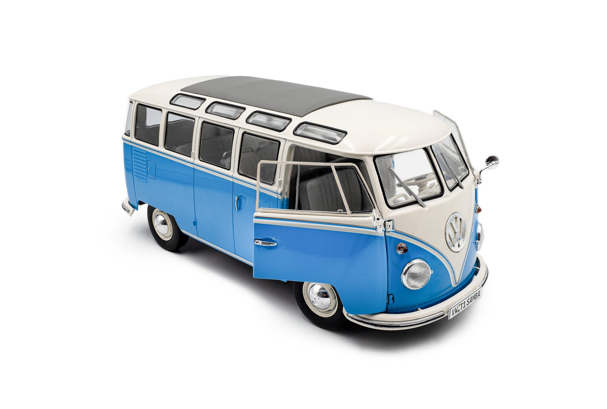 front perspective view with doors open with Volkswagen T1 Samba Blue / White 1962 1:18 scale model car - Solido
