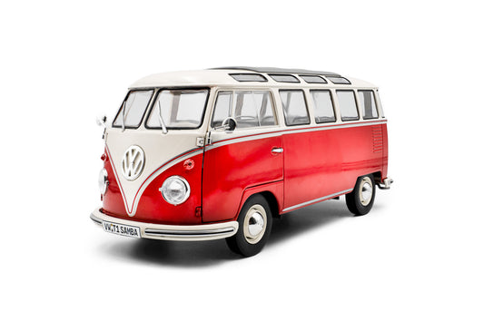 Front perspective view of Volkswagen T1 Samba Red / White 1962 1:18 scale model car - Solido