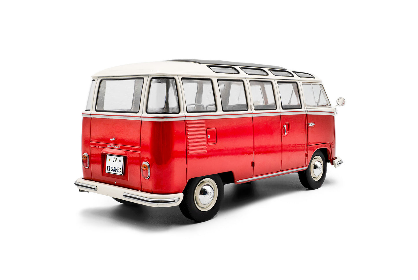 back view perspective of Volkswagen T1 Samba Red / White 1962 1:18 scale model car - Solido