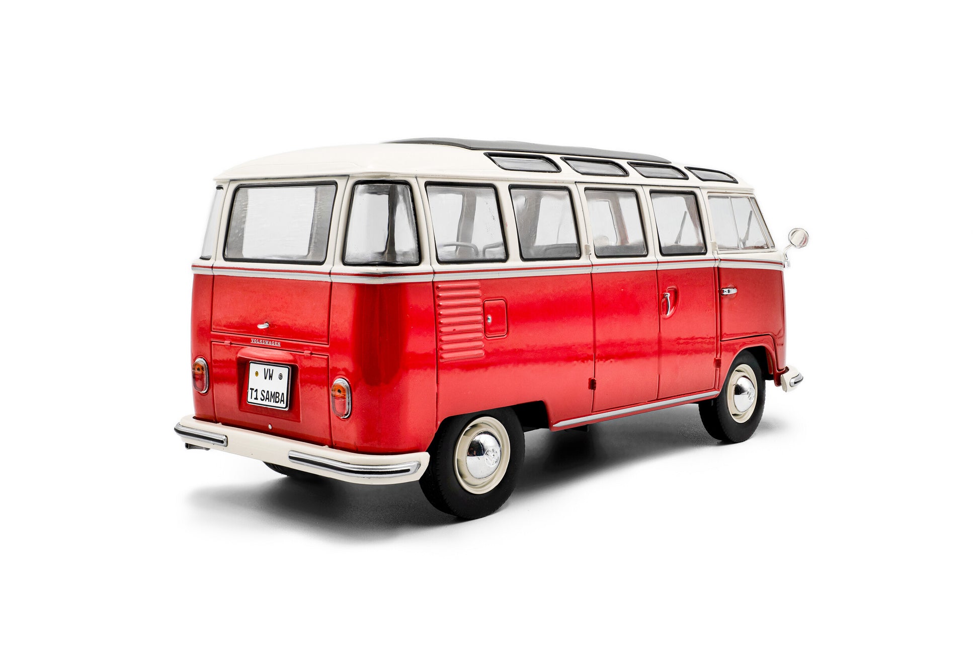 back view perspective of Volkswagen T1 Samba Red / White 1962 1:18 scale model car - Solido