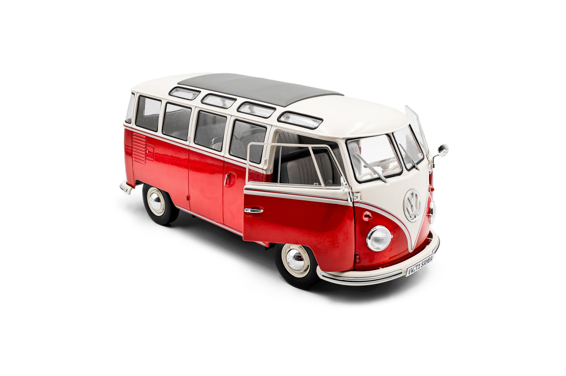 front perspective view of Volkswagen T1 Samba Red / White 1962 1:18 scale model car - Solido