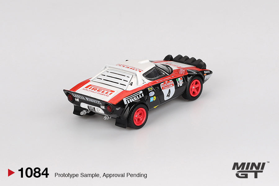 back perspective view of Lancia Stratos HF #4 1978 Rally Sanremo Winner 1:64 Scale Model Car – Mini GT (Product Code: MGT01084)