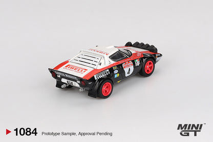 back perspective view of Lancia Stratos HF #4 1978 Rally Sanremo Winner 1:64 Scale Model Car – Mini GT (Product Code: MGT01084)
