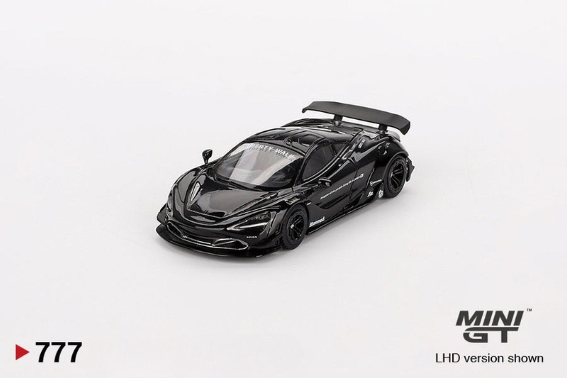 Front perspective view of McLaren 720S LB★Works Black 1:64 scale model car - Mini GT