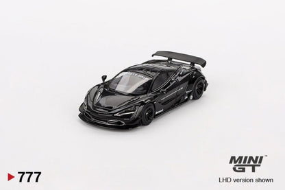 Front perspective view of McLaren 720S LB★Works Black 1:64 scale model car - Mini GT