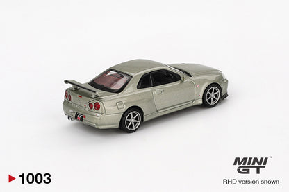 Back perspective view of Nissan Skyline GT-R (R34) V-Spec II Nür Millenium Jade 1:64 scale model car - Mini GT