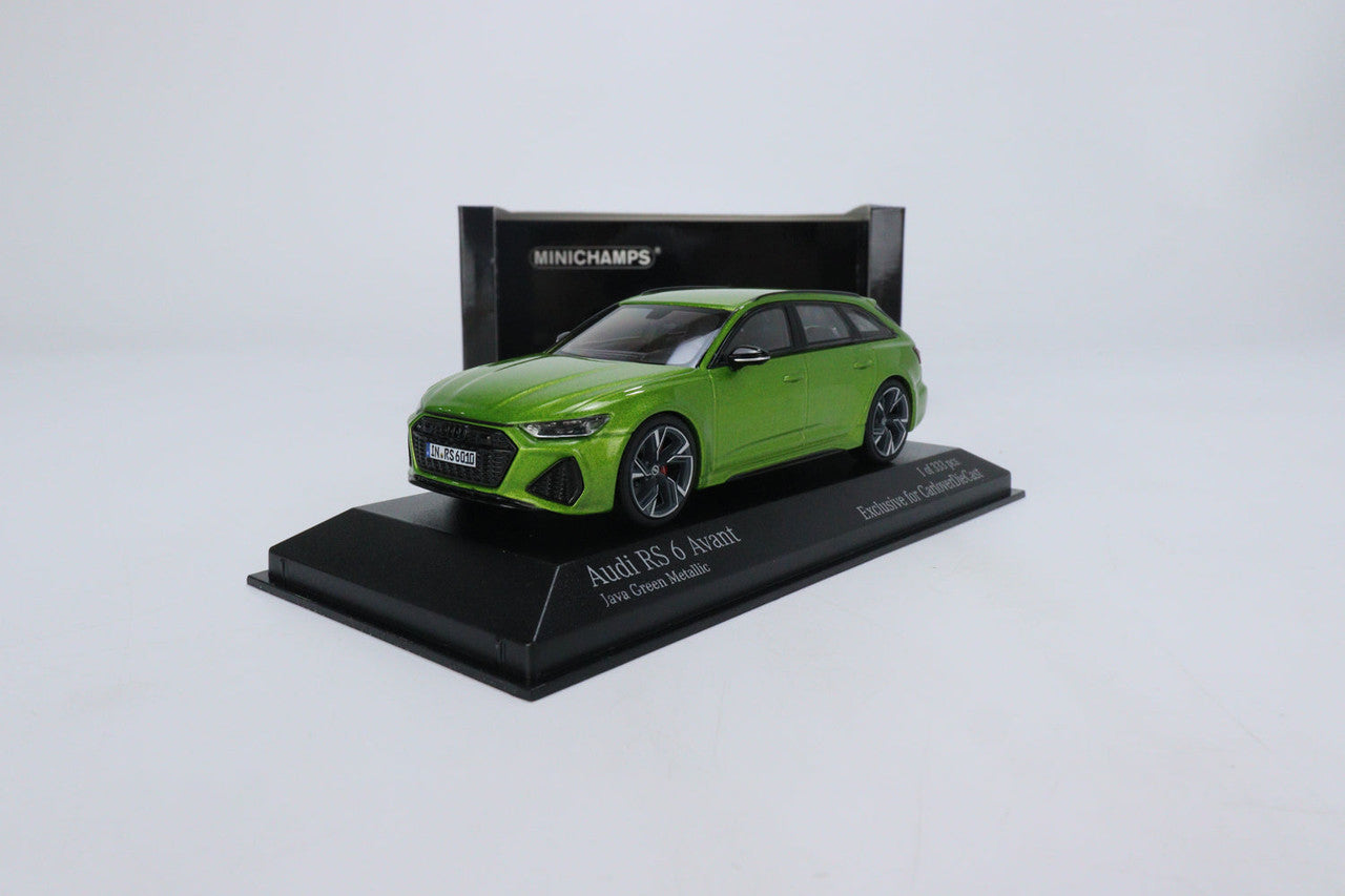 front and side perspective view of Audi RS6 Avant Java Green Minichamps 1:43 scale model car