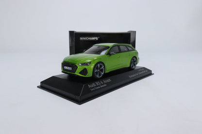 front and side perspective view of Audi RS6 Avant Java Green Minichamps 1:43 scale model car