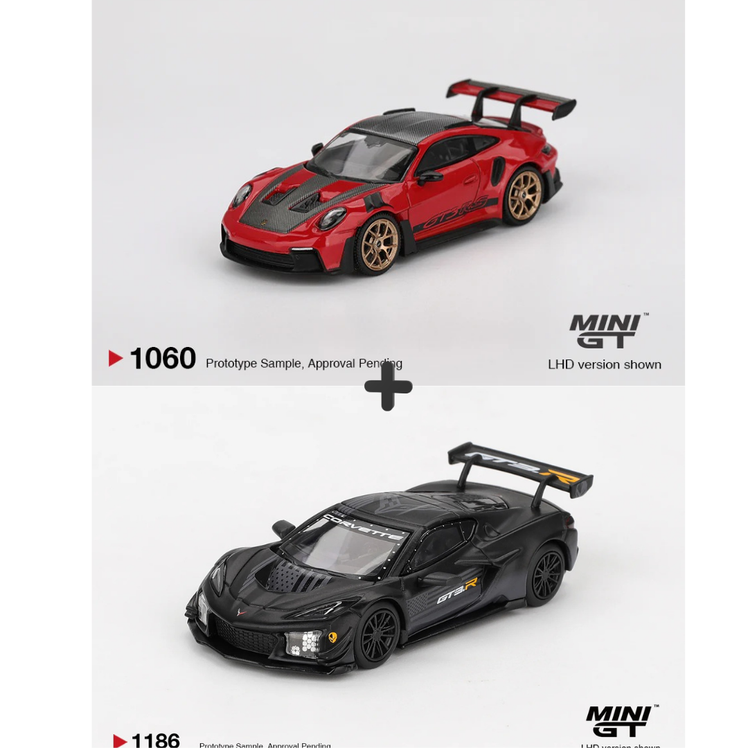 Porsche 911 (992) GT3 RS Weissach Package Guards Red + Chevrolet Corvette Z06 GT3.R Road America Test Car 1:64 scale model car bundle - Mini GT