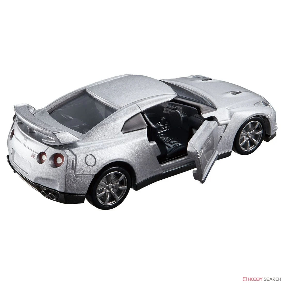 back perspective view with door open of Nissan GT-R SILVER 1:64 scale model car - Tomica premium