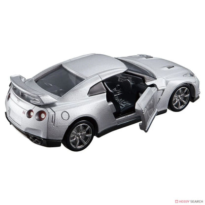 back perspective view with door open of Nissan GT-R SILVER 1:64 scale model car - Tomica premium