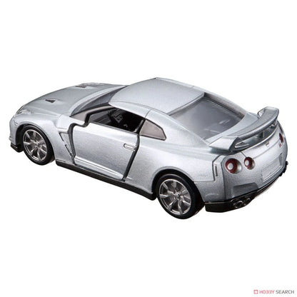 side back perspective view of Nissan GT-R SILVER 1:64 scale model car - Tomica premium