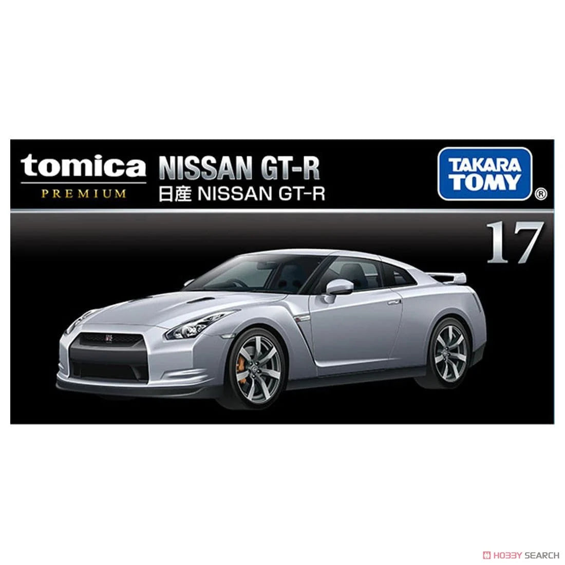 Tomica Premium Takara Tomy Nissan GT-R model car on a black background