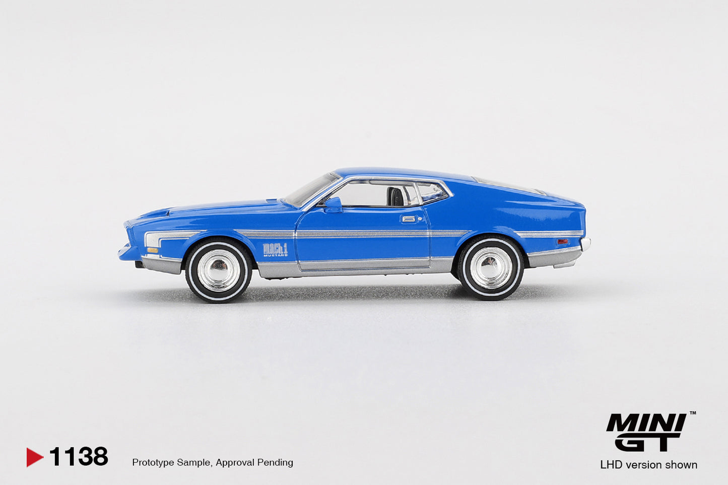 side perspective view of Ford Mustang Mach 1 Grabber Blue 1:64 Scale Model Car – Mini GT (Product Code: MGT01138)