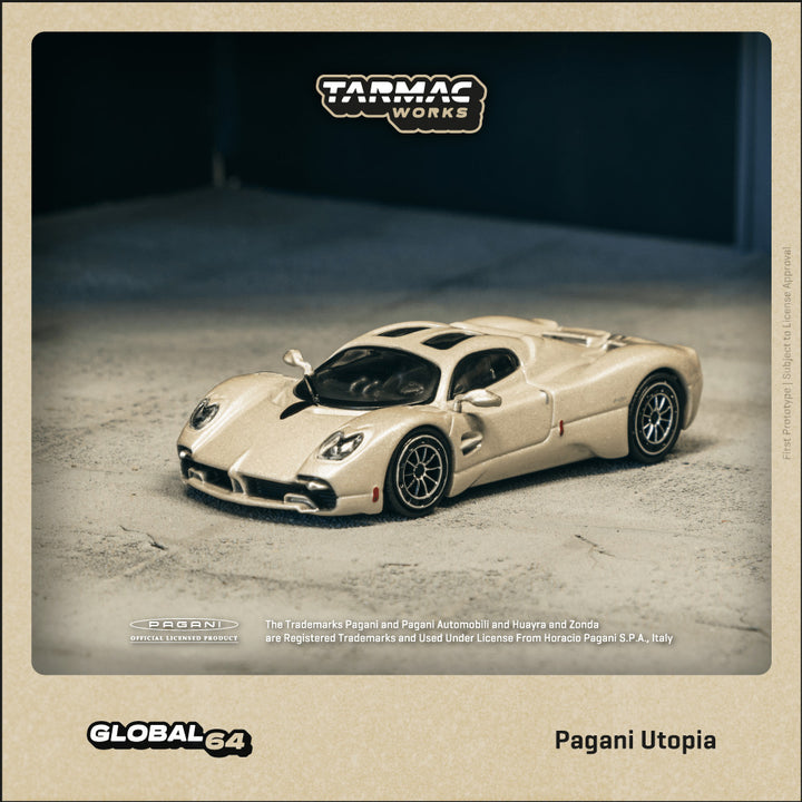 Model car of Pagani Utopia on a textured surface with Tarmac Works branding.