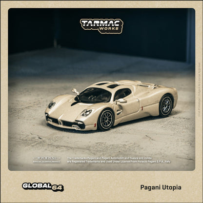Model car of Pagani Utopia on a textured surface with Tarmac Works branding.