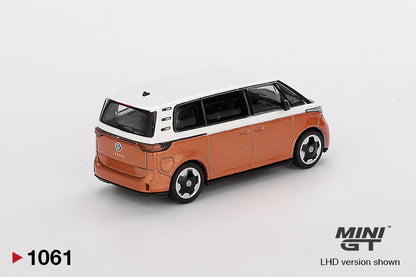 back perspective view of Volkswagen ID.Buzz Candy White / Energetic Orange 1:64 scale model car - Mini GT
