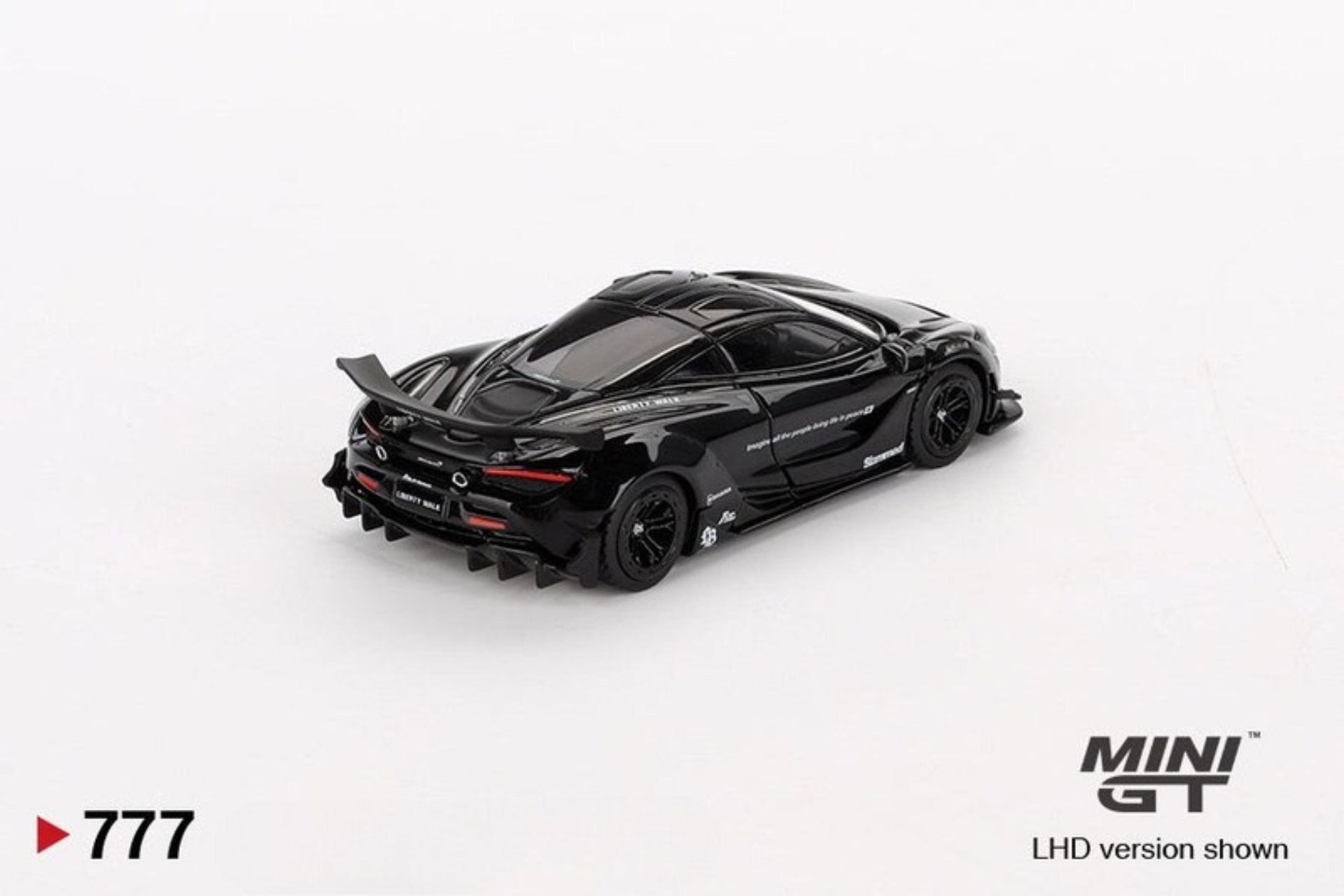 Back perspective view of McLaren 720S LB★Works Black 1:64 scale model car - Mini GT