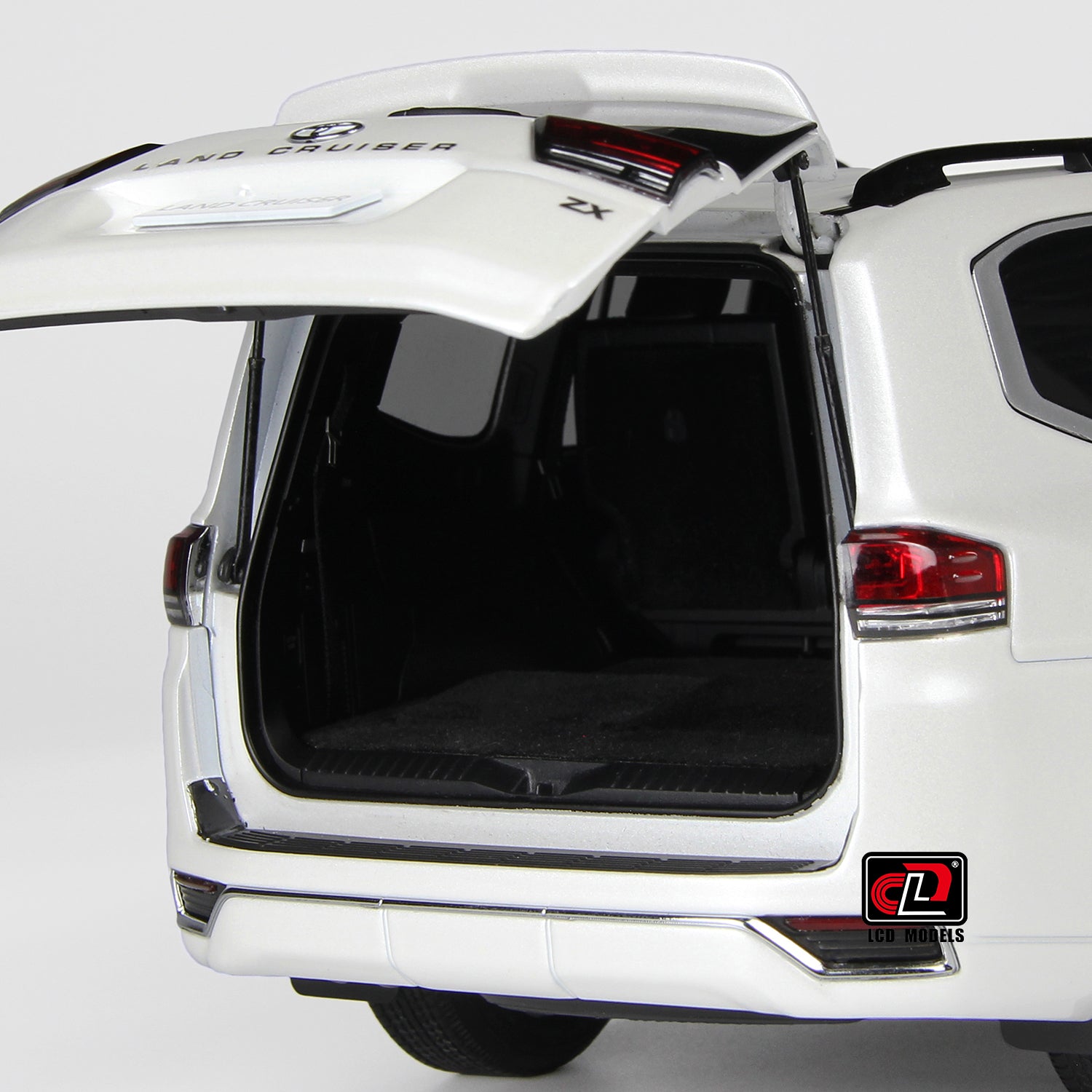  open trunk view of Toyota Land Cruiser White 1:18 scale model car - LCD Models 