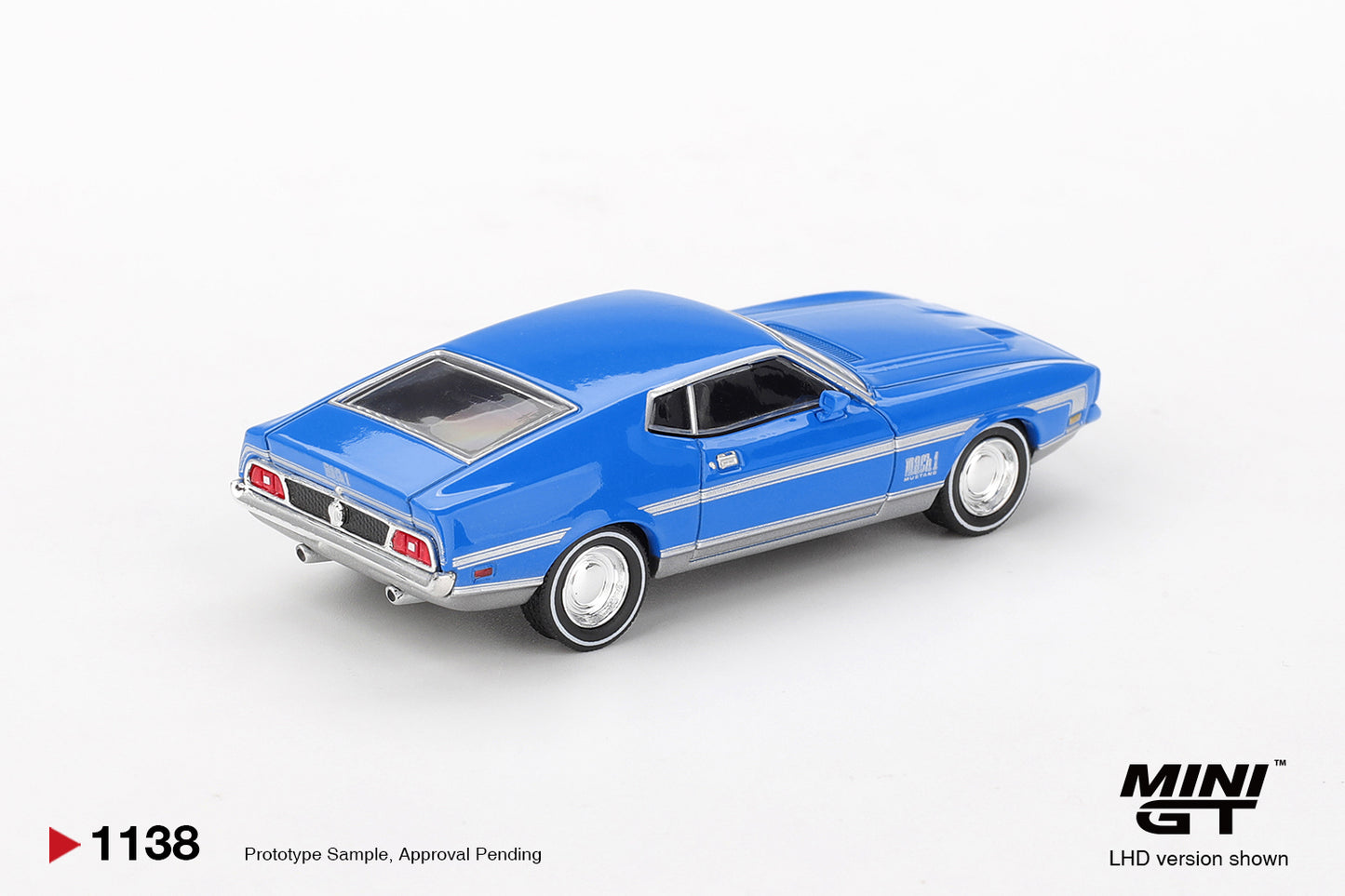 Blue model car on a white background with 'MINI GT' branding.