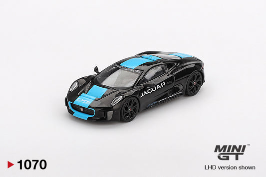 Front perspective view of Jaguar C-X75 Black 1:64 scale model car - Mini GT