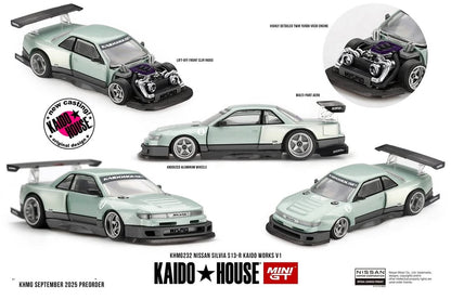 Model cars of Nissan Silvia S13 with Kaido Works branding on a white background