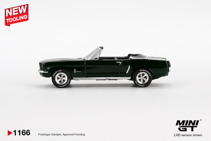 side view of Ford Mustang Convertible 1964 Highland Green 1:64 Scale Model Car – Mini GT (Product Code: MGT01166)