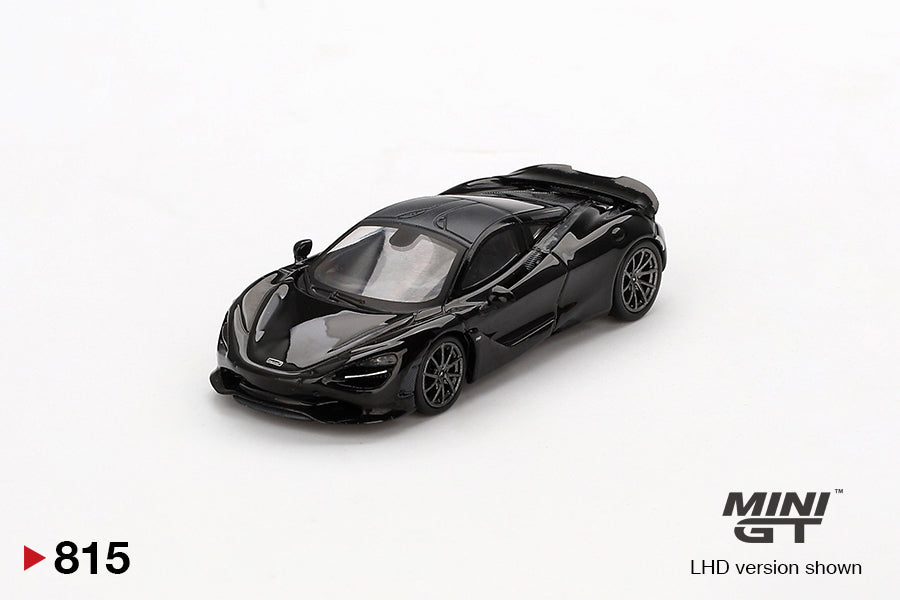Front perspective view of McLaren 750S Saros Grey 1:64 scale model car - Mini GT