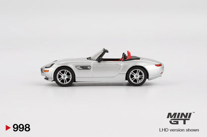 Side view of BMW Z8 Silver 1:64 scale model car - Mini GT
