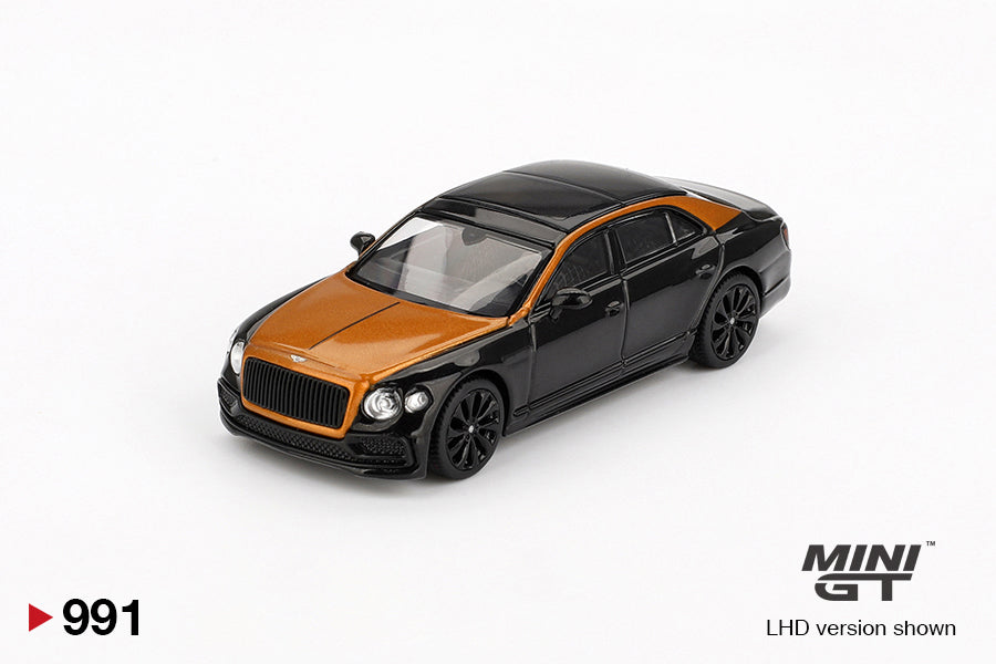 Front perspective view of Bentley Flying Spur Orange Flame / Onyx 1:64 scale model car - Mini GT