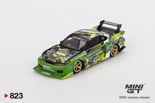 Front perspective view of Nissan LB-Super Silhouette S15 SILVIA #555 V2 2024 Formula Drift Japan 1:64 scale model car - Mini GT