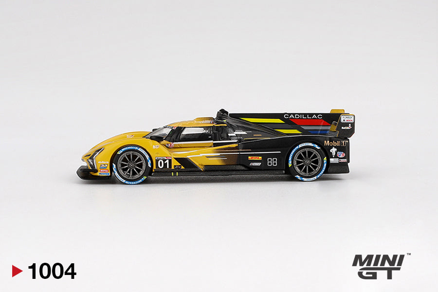 Side view of Cadillac V-Series.R #01 Cadillac Racing 2024 IMSA Sebring 12 Hrs 1:64 scale model car - Mini GT