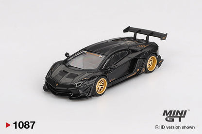 Front perspective view of LB★WORKS Lamborghini Aventador Limited Edition Matte Black 1:64 Scale Model Car – Mini GT (Product Code: MGT01087)