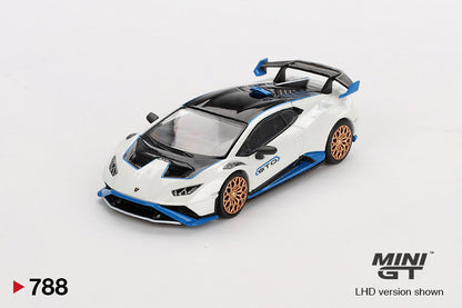Front peprspective view of Lamborghini Huracan STO Bianco Asopo 1:64 scale model car - Mini GT