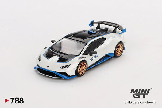 Front peprspective view of Lamborghini Huracan STO Bianco Asopo 1:64 scale model car - Mini GT