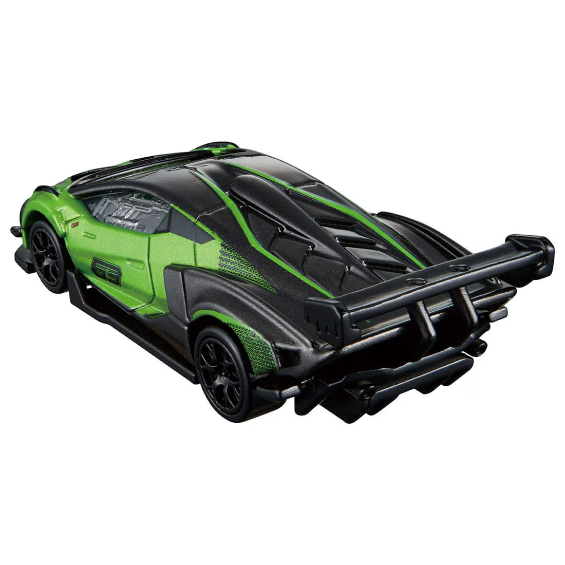 Green and black toy car on a white background