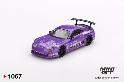 Front perspective view of Toyota Supra (A80) Top Secret GT-300 Top Secret Purple 1:64 scale model car - Mini GT