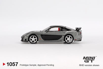 side view of Mazda RX-7 VeilSide Fortune Grey 1:64 scale model car - Mini GT