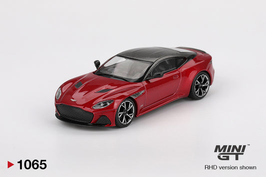 Front perspective view Aston Martin DBS Hyper Red 1:64 scale model car - Mini GT