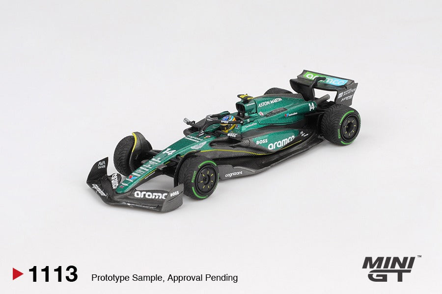 Front perspective view of Aston Martin AMR24 #14 Fernando Alonso 2024 F1 1:64 Scale Model Car – Mini GT (Product Code: MGT01113)